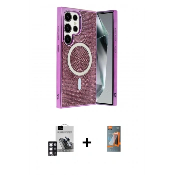 MARSİLYAN™- Galaxy S24 Ultra Kılıf Eksen Çizgi - Siyah AutoKit 5in1 Fiber Hayalet Polymer Nano Ekran Koruyucu + PVD Metal Kamera Lens - PE