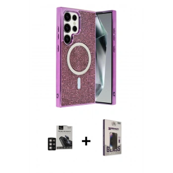 MARSİLYAN™- Galaxy S24 Ultra Kılıf Eksen Çizgi - Siyah Bilvis Hayalet Cam Ekran Koruyucu + PVD Metal Kamera Lens - DNMR