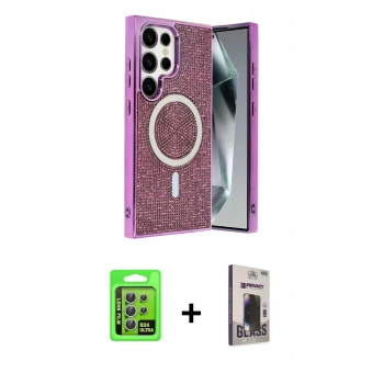 MARSİLYAN™- Galaxy S24 Ultra Kılıf Eksen Çizgi - Siyah Bilvis Hayalet Cam Ekran Koruyucu + Raze Metal Kamera Lens - GS