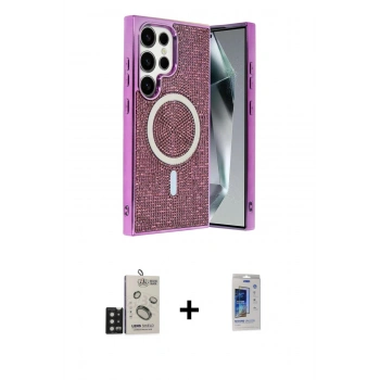 MARSİLYAN™- Galaxy S24 Ultra Kılıf Eksen Çizgi - Siyah Durable Full Glue Curved Cam + Bilvis Titan Kamera Lens - SH