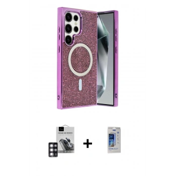 MARSİLYAN™- Galaxy S24 Ultra Kılıf Eksen Çizgi - Siyah Durable Full Glue Curved Cam + PVD Metal Kamera Lens - PE