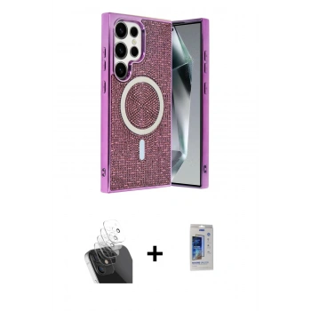 MARSİLYAN™- Galaxy S24 Ultra Kılıf Eksen Çizgi - Siyah Durable Full Glue Curved Cam + Kamera Lens Koruma Cam - SF