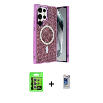 MARSİLYAN™- Galaxy S24 Ultra Kılıf Eksen Çizgi - Siyah Durable Full Glue Curved Hayalet Cam + Raze Metal Kamera Lens - MR