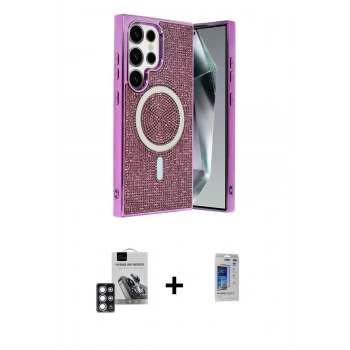 MARSİLYAN™- Galaxy S24 Ultra Kılıf Eksen Çizgi - Siyah Durable Full Glue Curved Hayalet Cam + PVD Metal Kamera Lens - PE