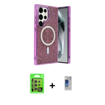 MARSİLYAN™- Galaxy S24 Ultra Kılıf Eksen Çizgi - Siyah Durable Full Glue Curved Hayalet Cam + Raze Metal Kamera Lens - SI