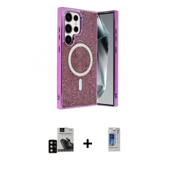 MARSİLYAN™- Galaxy S24 Ultra Kılıf Eksen Çizgi - Siyah Durable Full Glue Curved Hayalet Cam + PVD Metal Kamera Lens - SH