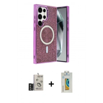 MARSİLYAN™- Galaxy S24 Ultra Kılıf Eksen Çizgi - Siyah Polymer Nano Ekran Koruyucu + Bilvis Titan Kamera Lens - SH