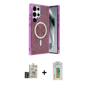 MARSİLYAN™- Galaxy S24 Ultra Kılıf Eksen Çizgi - Siyah Polymer Nano Ekran Koruyucu + Bilvis Titan Kamera Lens - GD