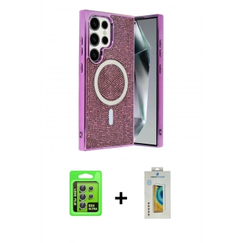 MARSİLYAN™- Galaxy S24 Ultra Kılıf Eksen Çizgi - Siyah Polymer Nano Ekran Koruyucu + Raze Metal Kamera Lens - GS