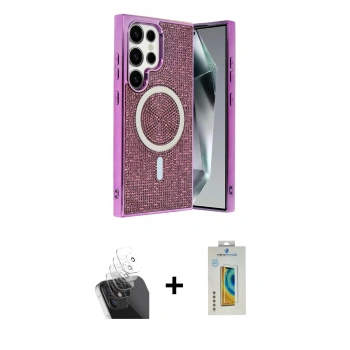 MARSİLYAN™- Galaxy S24 Ultra Kılıf Eksen Çizgi - Siyah Polymer Nano Ekran Koruyucu + Kamera Lens Koruma Cam - SF