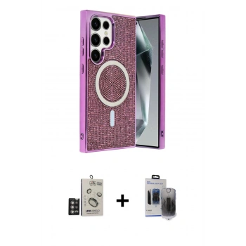 MARSİLYAN™- Galaxy S24 Ultra Kılıf Eksen Çizgi - Siyah Vanessa Magic Hayalet Cam + Bilvis Titan Kamera Lens - DNMR