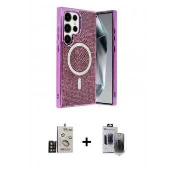 MARSİLYAN™- Galaxy S24 Ultra Kılıf Eksen Çizgi - Siyah Vanessa Magic Hayalet Cam + Bilvis Titan Kamera Lens - GD