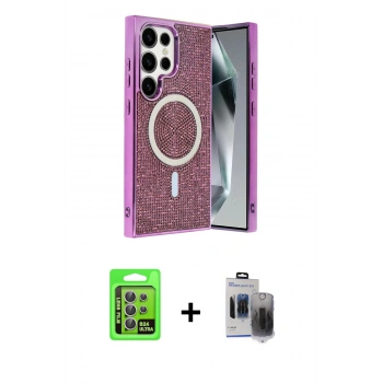 MARSİLYAN™- Galaxy S24 Ultra Kılıf Eksen Çizgi - Siyah Vanessa Magic Hayalet Cam + Raze Metal Kamera Lens - MR