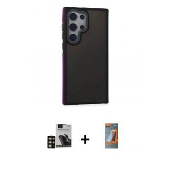 MARSİLYAN™- Galaxy S24 Ultra Kılıf Eksen Işık - Siyah AutoKit 5in1 Fiber Hayalet Polymer Nano Ekran Koruyucu + PVD Metal Kamera Lens - GD