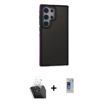 MARSİLYAN™- Galaxy S24 Ultra Kılıf Eksen Işık - Siyah Durable Full Glue Curved Hayalet Cam + Kamera Lens Koruma Cam - SF