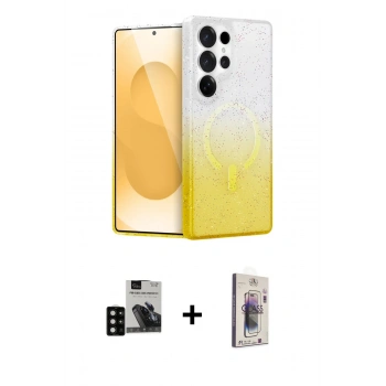 MARSİLYAN™- Galaxy S24 Ultra Kılıf Eksen Minimal Özel Seri - Siyah Bilvis 3D Cam Ekran Koruyucu + PVD Metal Kamera Lens - SH