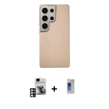MARSİLYAN™- Galaxy S24 Ultra Kılıf Eksen Prime - Siyah Durable Full Glue Curved Hayalet Cam + PVD Metal Kamera Lens - PE