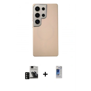 MARSİLYAN™- Galaxy S24 Ultra Kılıf Eksen Prime - Siyah Durable Full Glue Curved Hayalet Cam + PVD Metal Kamera Lens - SH
