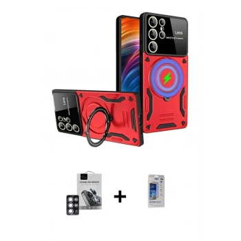 MARSİLYAN™- Galaxy S24 Ultra Kılıf Kıvılcım Modern Serisi - Siyah Durable Full Glue Curved Hayalet Cam + PVD Metal Kamera Lens - PE