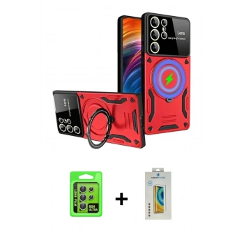 MARSİLYAN™- Galaxy S24 Ultra Kılıf Kıvılcım Modern Serisi - Siyah Polymer Nano Ekran Koruyucu + Raze Metal Kamera Lens - GS