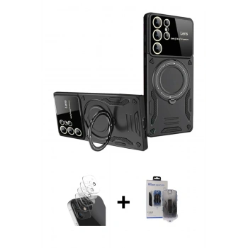 MARSİLYAN™- Galaxy S24 Ultra Kılıf Kıvılcım Modern Serisi - Siyah Vanessa Magic Hayalet Cam + Kamera Lens Koruma Cam - SF
