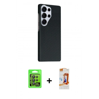 MARSİLYAN™- Galaxy S24 Ultra Kılıf Kozmos Klasik Prime - Siyah AutoKit 5in1 Fiber Polymer Nano Ekran Koruyucu + Raze Metal Kamera Lens - SH