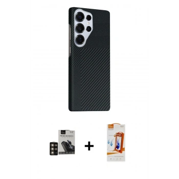 MARSİLYAN™- Galaxy S24 Ultra Kılıf Kozmos Klasik Prime - Siyah AutoKit 5in1 Fiber Polymer Nano Ekran Koruyucu + PVD Metal Kamera Lens - GD