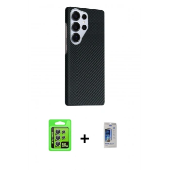 MARSİLYAN™- Galaxy S24 Ultra Kılıf Kozmos Klasik Prime - Siyah Durable Full Glue Curved Cam + Raze Metal Kamera Lens - GS
