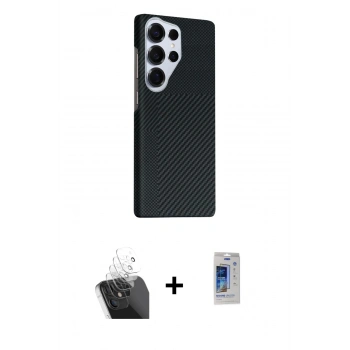 MARSİLYAN™- Galaxy S24 Ultra Kılıf Kozmos Klasik Prime - Siyah Durable Full Glue Curved Cam + Kamera Lens Koruma Cam - SF