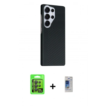 MARSİLYAN™- Galaxy S24 Ultra Kılıf Kozmos Klasik Prime - Siyah Durable Full Glue Curved Cam + Raze Metal Kamera Lens - SH