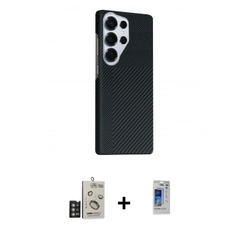 MARSİLYAN™- Galaxy S24 Ultra Kılıf Kozmos Klasik Prime - Siyah Durable Full Glue Curved Hayalet Cam + Bilvis Titan Kamera Lens - DNMR
