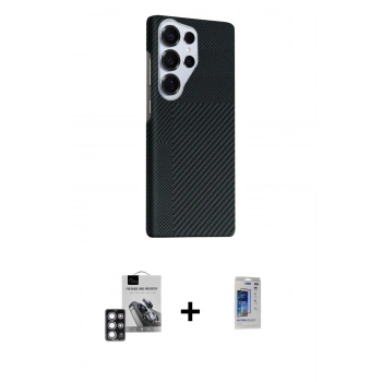 MARSİLYAN™- Galaxy S24 Ultra Kılıf Kozmos Klasik Prime - Siyah Durable Full Glue Curved Hayalet Cam + PVD Metal Kamera Lens - PE