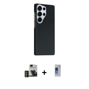 MARSİLYAN™- Galaxy S24 Ultra Kılıf Kozmos Klasik Prime - Siyah Durable Full Glue Curved Hayalet Cam + PVD Metal Kamera Lens - GD