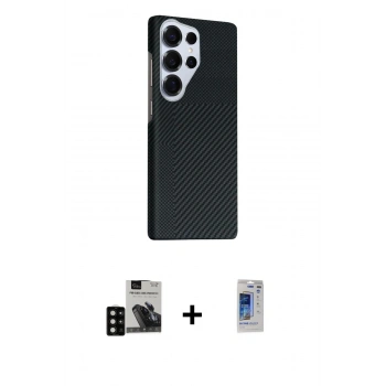 MARSİLYAN™- Galaxy S24 Ultra Kılıf Kozmos Klasik Prime - Siyah Durable Full Glue Curved Hayalet Cam + PVD Metal Kamera Lens - SH
