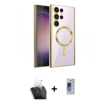 MARSİLYAN™- Galaxy S24 Ultra Kılıf Nova Işık Özel Seri - Siyah Durable Full Glue Curved Cam + Kamera Lens Koruma Cam - SF
