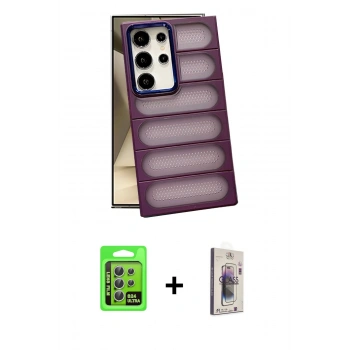 MARSİLYAN™- Galaxy S24 Ultra Kılıf Yadigar Doku Özel Seri - Siyah Bilvis 3D Cam Ekran Koruyucu + Raze Metal Kamera Lens - GS