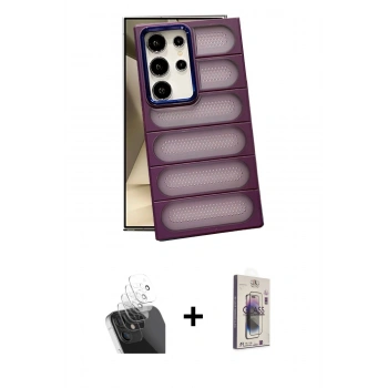 MARSİLYAN™- Galaxy S24 Ultra Kılıf Yadigar Doku Özel Seri - Siyah Bilvis 3D Cam Ekran Koruyucu + Kamera Lens Koruma Cam - SF