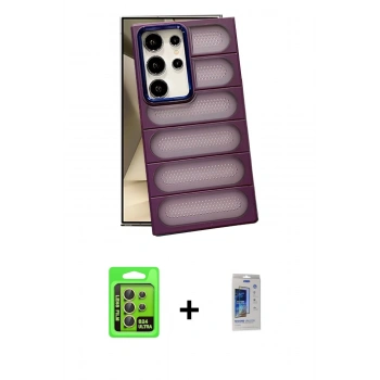 MARSİLYAN™- Galaxy S24 Ultra Kılıf Yadigar Doku Özel Seri - Siyah Durable Full Glue Curved Cam + Raze Metal Kamera Lens - SI