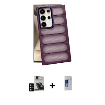 MARSİLYAN™- Galaxy S24 Ultra Kılıf Yadigar Doku Özel Seri - Siyah Durable Full Glue Curved Hayalet Cam + PVD Metal Kamera Lens - SH