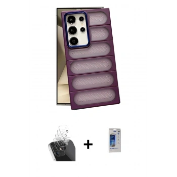 MARSİLYAN™- Galaxy S24 Ultra Kılıf Yadigar Doku Özel Seri - Siyah Durable Full Glue Curved Hayalet Cam + Kamera Lens Koruma Cam - SF