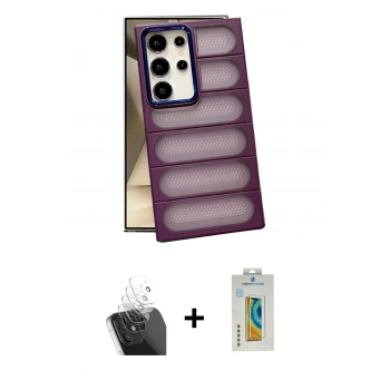 MARSİLYAN™- Galaxy S24 Ultra Kılıf Yadigar Doku Özel Seri - Siyah Polymer Nano Ekran Koruyucu + Kamera Lens Koruma Cam - SF