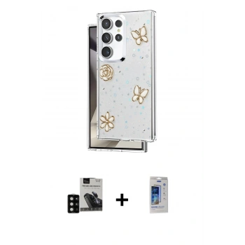 MARSİLYAN™- Galaxy S24 Ultra Kılıf Yörünge Form - Siyah Durable Full Glue Curved Cam + PVD Metal Kamera Lens - SH