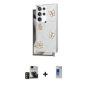 MARSİLYAN™- Galaxy S24 Ultra Kılıf Yörünge Form - Siyah Durable Full Glue Curved Hayalet Cam + PVD Metal Kamera Lens - GD