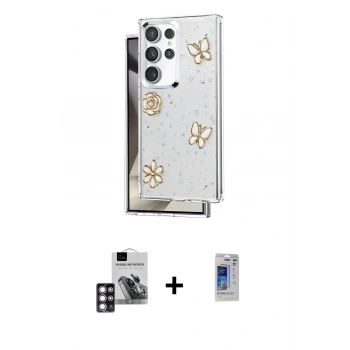 MARSİLYAN™- Galaxy S24 Ultra Kılıf Yörünge Form - Siyah Durable Full Glue Curved Hayalet Cam + PVD Metal Kamera Lens - PE