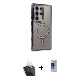 MARSİLYAN™- Galaxy S24 Ultra Kılıf Zirve Doku Prime - Siyah Durable Full Glue Curved Cam + Kamera Lens Koruma Cam - SF