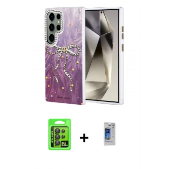 MARSİLYAN™- Galaxy S24 Ultra Kılıf Zirve Modern Prime - Siyah Durable Full Glue Curved Hayalet Cam + Raze Metal Kamera Lens - SH