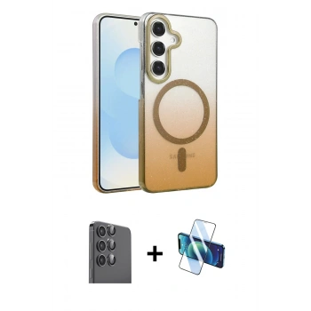 MARSİLYAN™- Galaxy S25 Kılıf Ahenk Doku Özel Seri - Siyah 3D Antistatik Cam Ekran Koruyucu + Raze Metal Kamera Lens - SH