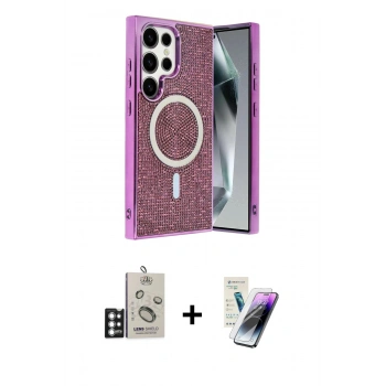 MARSİLYAN™- Galaxy S25 Ultra Kılıf Eksen Çizgi - Şeffaf Pasifik Cam Ekran Koruyucu + Bilvis Titan Kamera Lens - GS