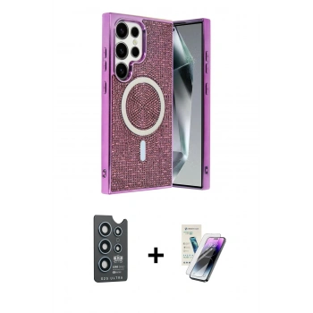 MARSİLYAN™- Galaxy S25 Ultra Kılıf Eksen Çizgi - Şeffaf Pasifik Cam Ekran Koruyucu + Bilvis Titan Kamera Lens - LT