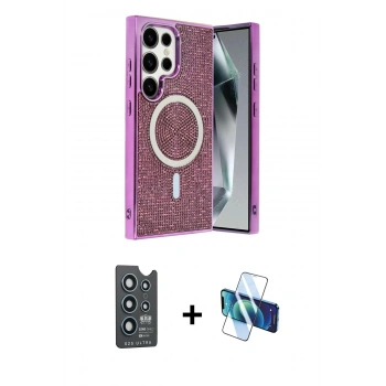 MARSİLYAN™- Galaxy S25 Ultra Kılıf Eksen Çizgi - Siyah 3D Antistatik Seramik Nano Ekran Koruyucu + Bilvis Titan Kamera Lens - LT